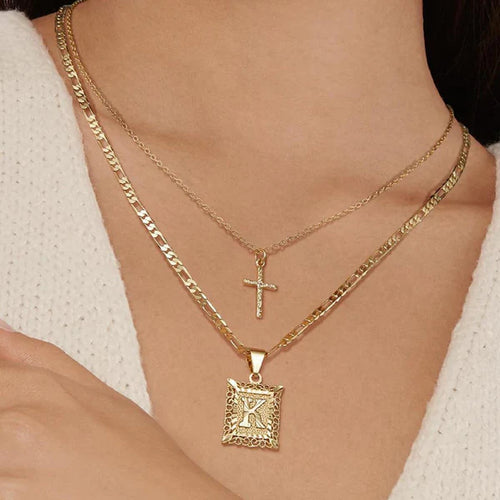 2pc 14k Initial & Cross Necklace Set