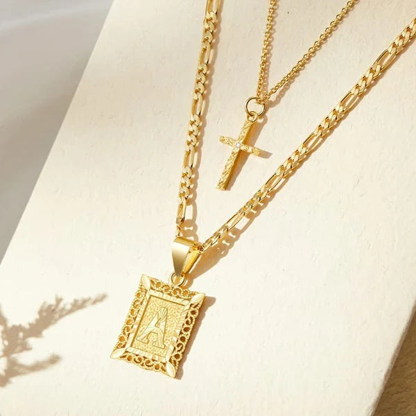 2pc 14k Initial & Cross Necklace Set