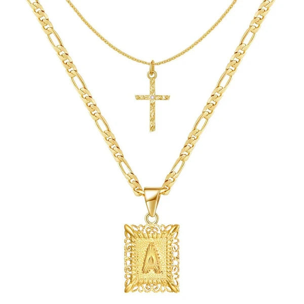 2pc 14k Initial & Cross Necklace Set