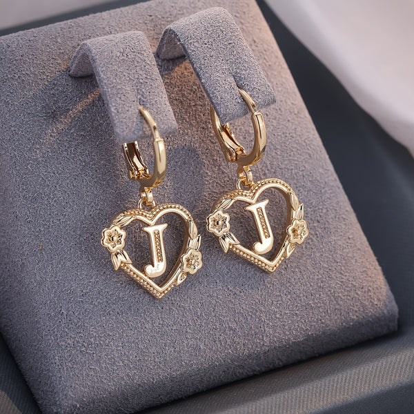Dainty Initial Letter Heart Hoop Earrings