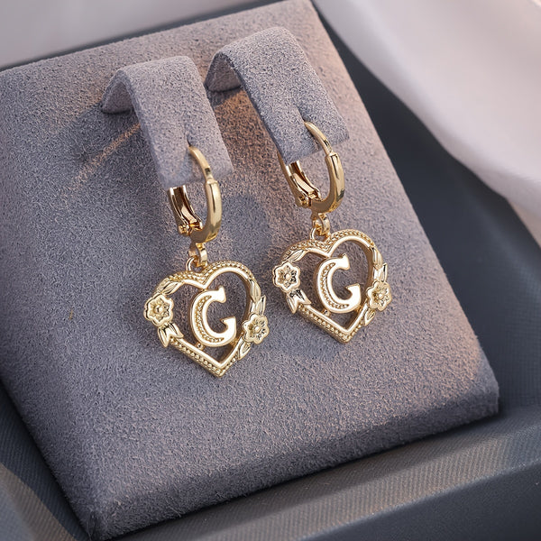 Dainty Initial Letter Heart Hoop Earrings