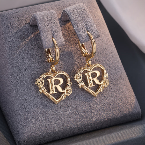 Dainty Initial Letter Heart Hoop Earrings