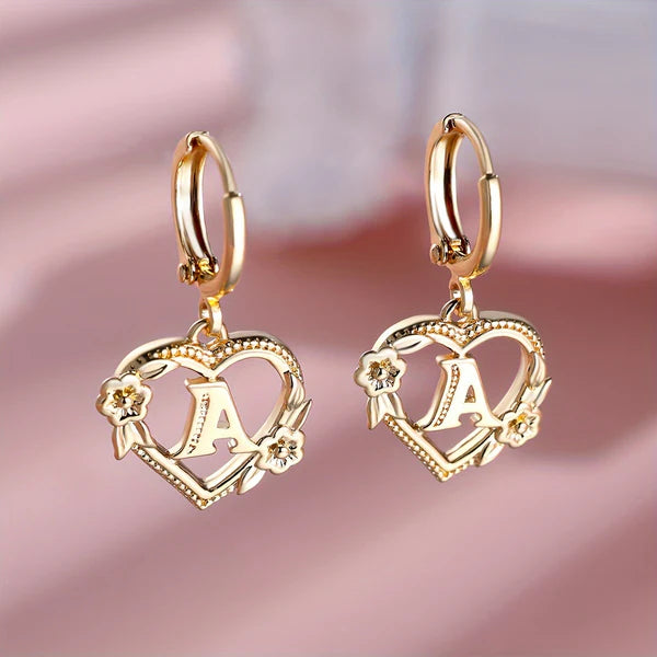 Dainty Initial Letter Heart Hoop Earrings