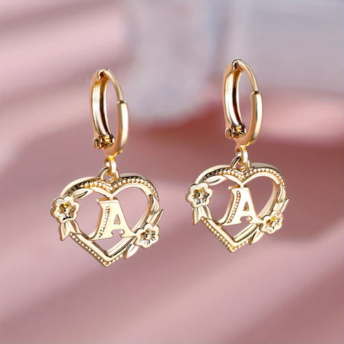 Dainty Initial Letter Heart Hoop Earrings
