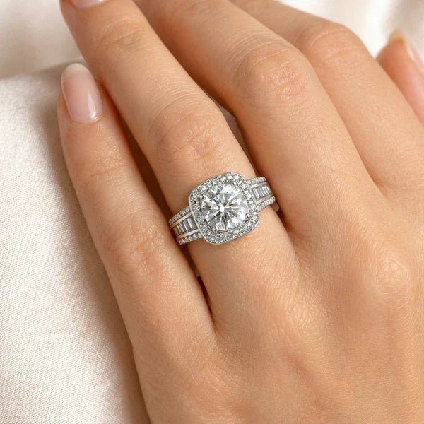 Square Halo Baguette Band Ring