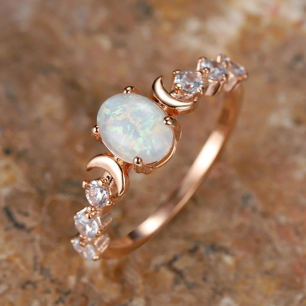 Crescent Moon Opal Center Ring