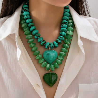 2pc Green & Cyan Beaded Layered Statement Necklaces
