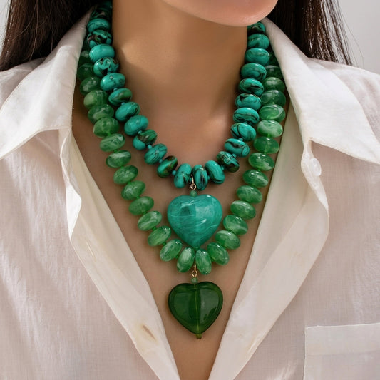 2pc Green & Cyan Beaded Layered Statement Necklaces