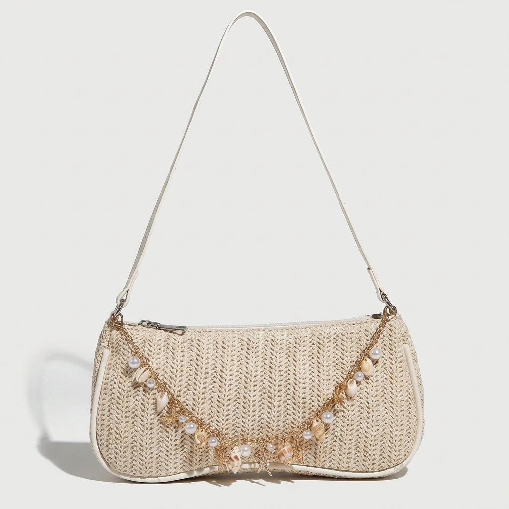 Boho Sea Shell Straw Baguette Bag