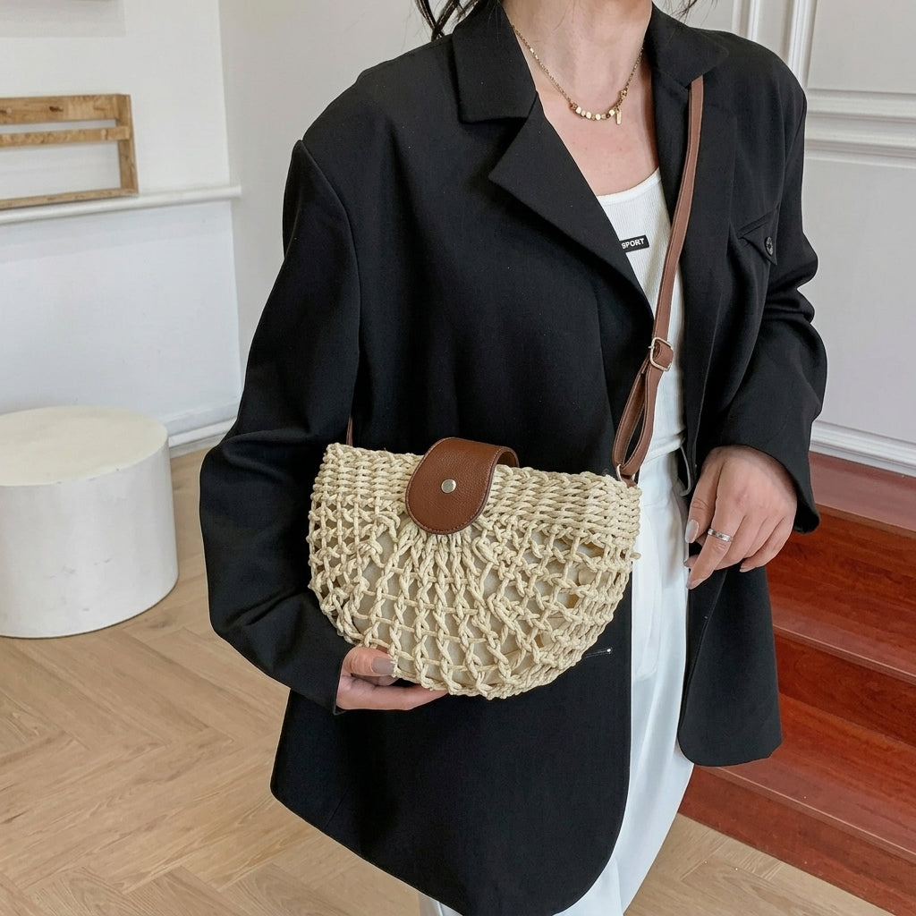 Elegant Rattan Straw Semi-Circle Bag