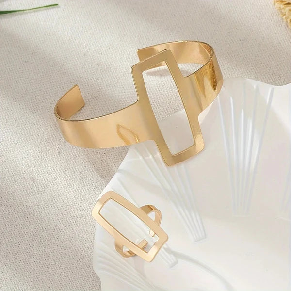 Adjustable Geometric Rectangle Bracelet and Ring Set
