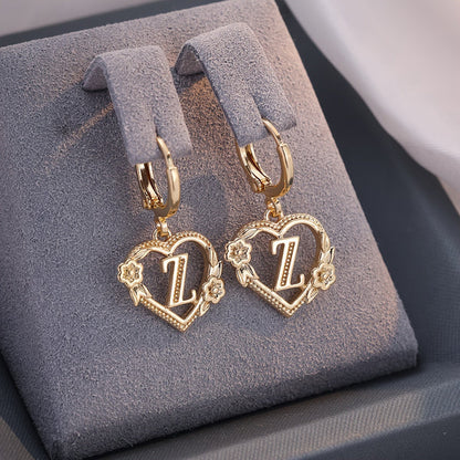 Dainty Initial Letter Heart Hoop Earrings