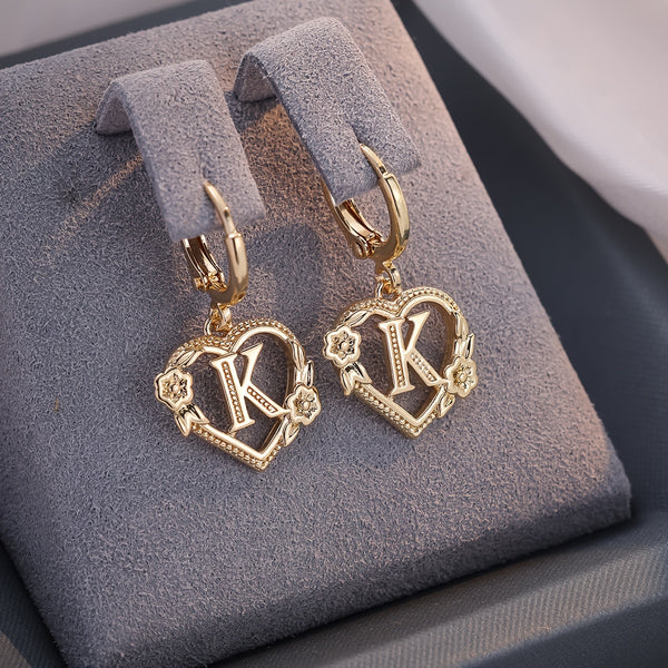 Dainty Initial Letter Heart Hoop Earrings